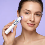 Woman using the blue light facial pen on her cheek