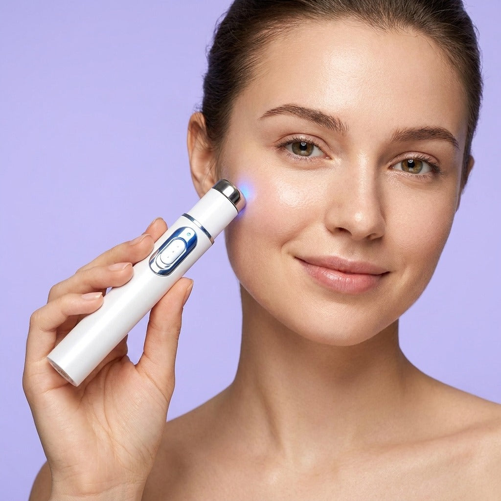Woman using the blue light facial pen on her cheek