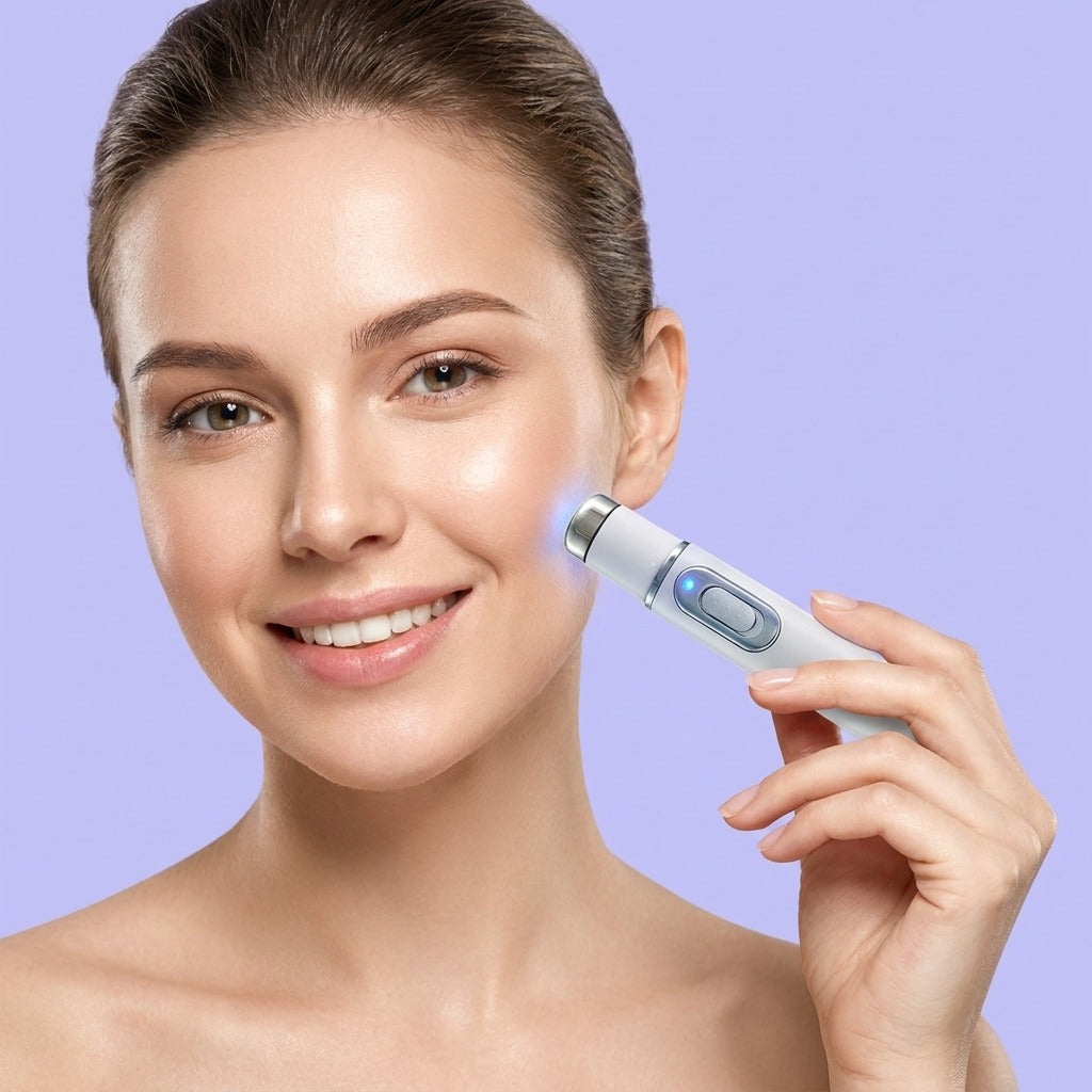 Smiling woman holding the blue light facial pen