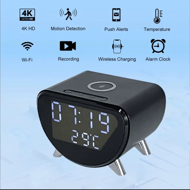 4K HD WiFi Mini Camera Clock | Wireless Charging, Motion Detection & Ideal for Home and Office Security