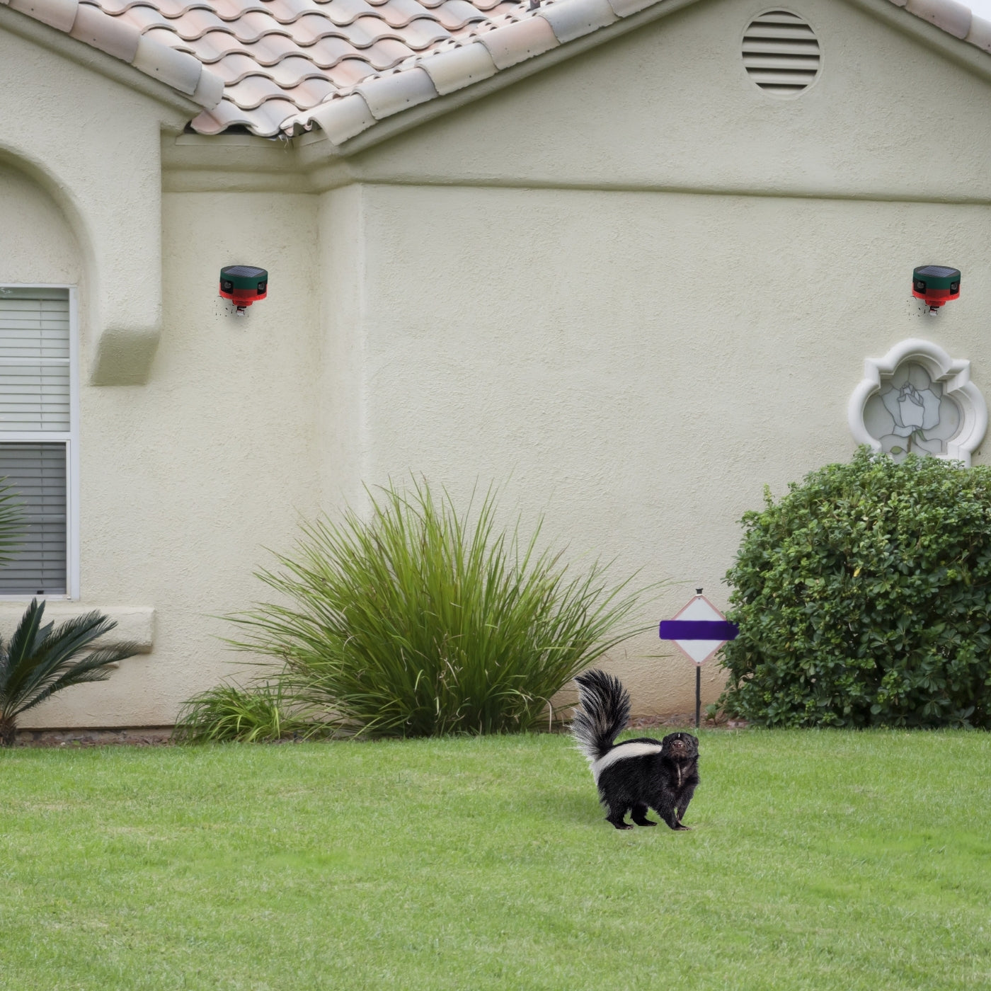 Solar-Powered Motion-Activated Strobe Light | 360° Detection, Multiple Sounds & Eco-Friendly Skunk Repeller for Home and Garden