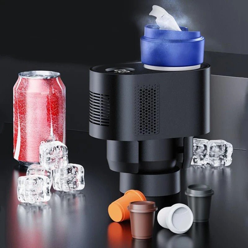 2-in-1 car cup cooler and heater. Keep your drinks hot or cold during your drive. Convenient, portable, and perfect for your car.