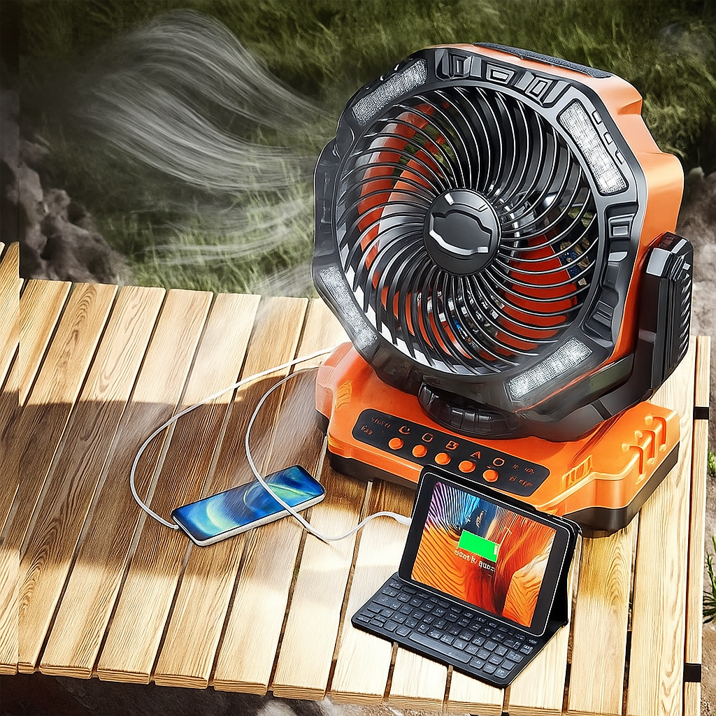 Rechargeable Camping Fan | 270° Rotation, LED Light & Portable Design for Outdoor Activities and Indoor Use