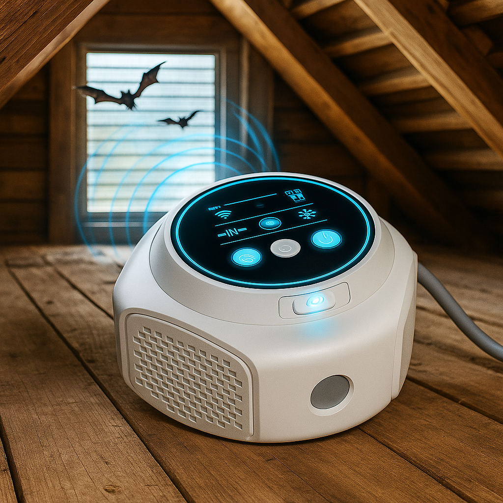 Ultrasonic Bat Repeller | 360° Plug-In Sound Device with 4 Speakers for Attic, Roof & Garage Bat Control – Safe, Silent & Chemical-Free