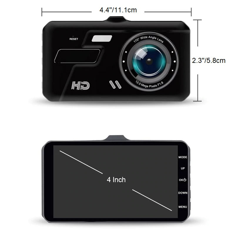 High-Definition Dual Dash Cam 1920x1080P Front and Rear Camera for Cars - 4-Inch Display, Night Vision, Loop Recording
