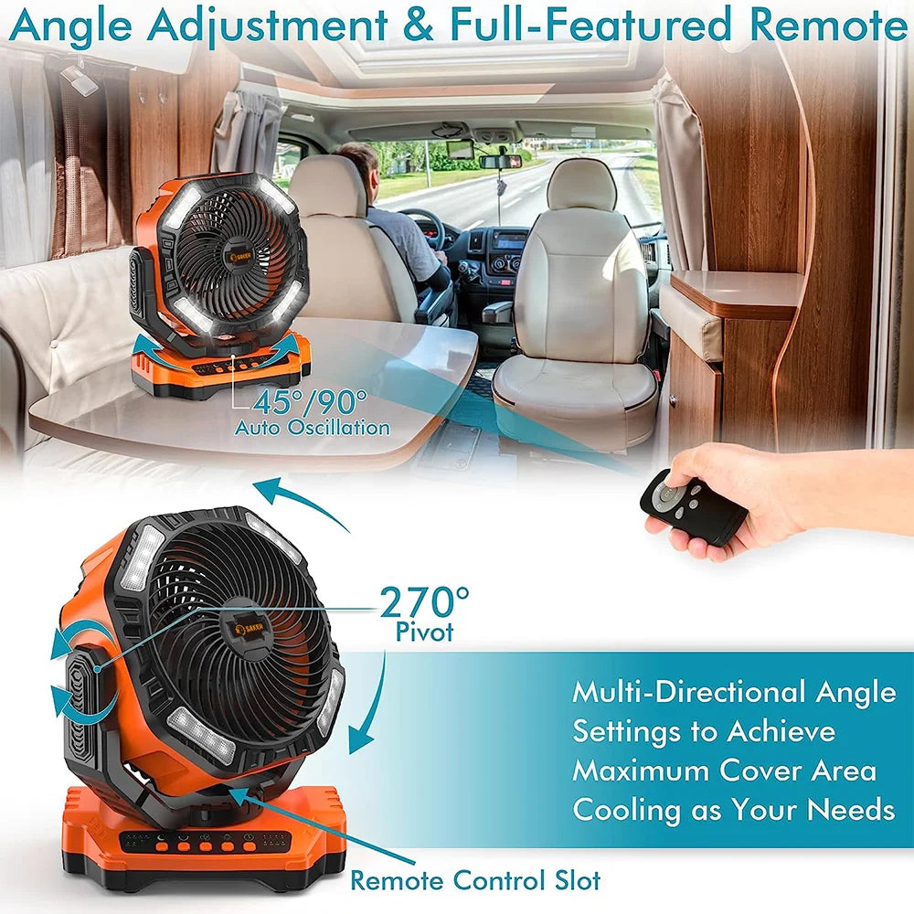 Rechargeable Camping Fan | 270° Rotation, LED Light & Portable Design for Outdoor Activities and Indoor Use