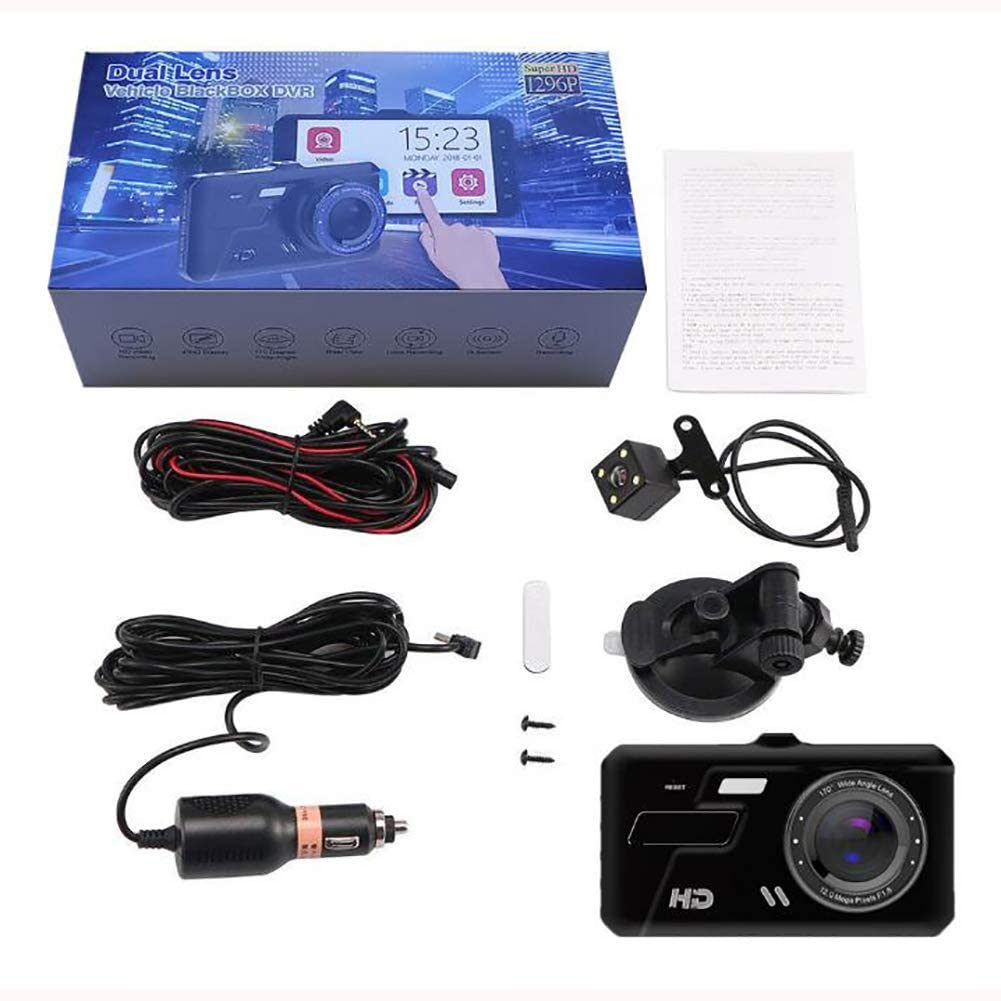 High-Definition Dual Dash Cam 1920x1080P Front and Rear Camera for Cars - 4-Inch Display, Night Vision, Loop Recording