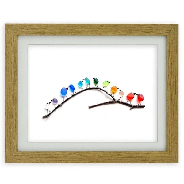 Handmade Sea Glass Birds Art - Spirit Birds on a Branch Wall Decor