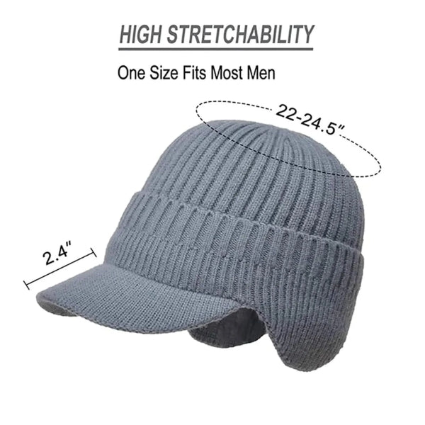 Elastic Warm Earflap Knitted Hat for Men - Knit Hat with Bill & Visor, Ideal for Winter Sports & Fishing