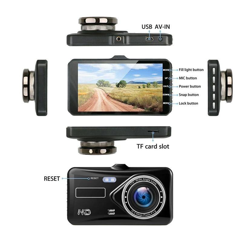 High-Definition Dual Dash Cam 1920x1080P Front and Rear Camera for Cars - 4-Inch Display, Night Vision, Loop Recording