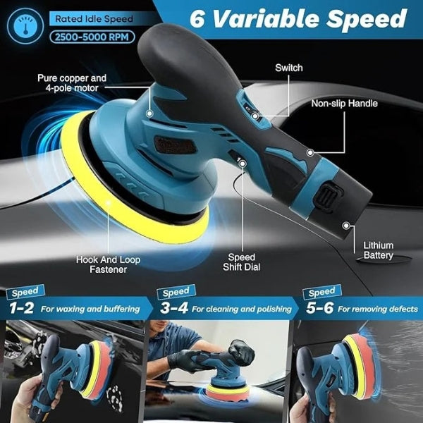 Cordless Car Buffer Polisher | 6-Speed Adjustable, Lightweight & Long Battery Life for Auto Detailing and Home Use