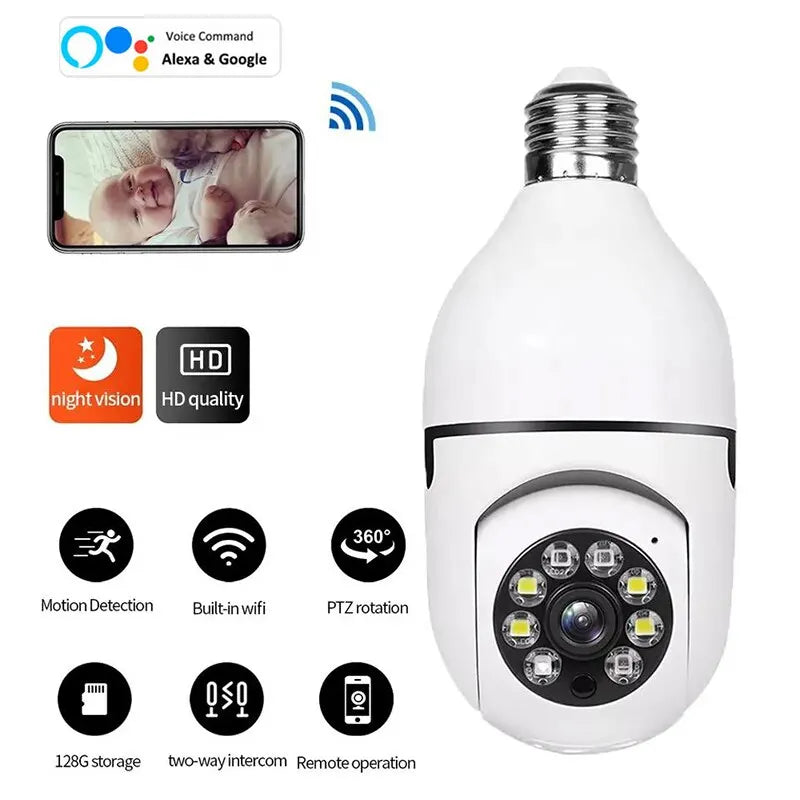 Wifi Surveillance Camera E27 | Full Color Night Vision, AI Human Tracking & Compatible with Alexa for Home Security