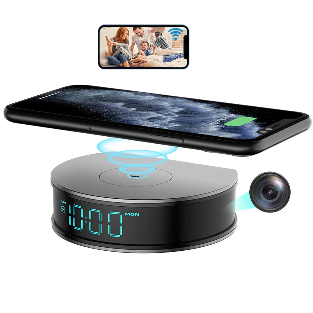 1080P Hidden Camera Alarm Clock | 15W Fast Wireless Charger with Motion Detection for Home Security Monitoring