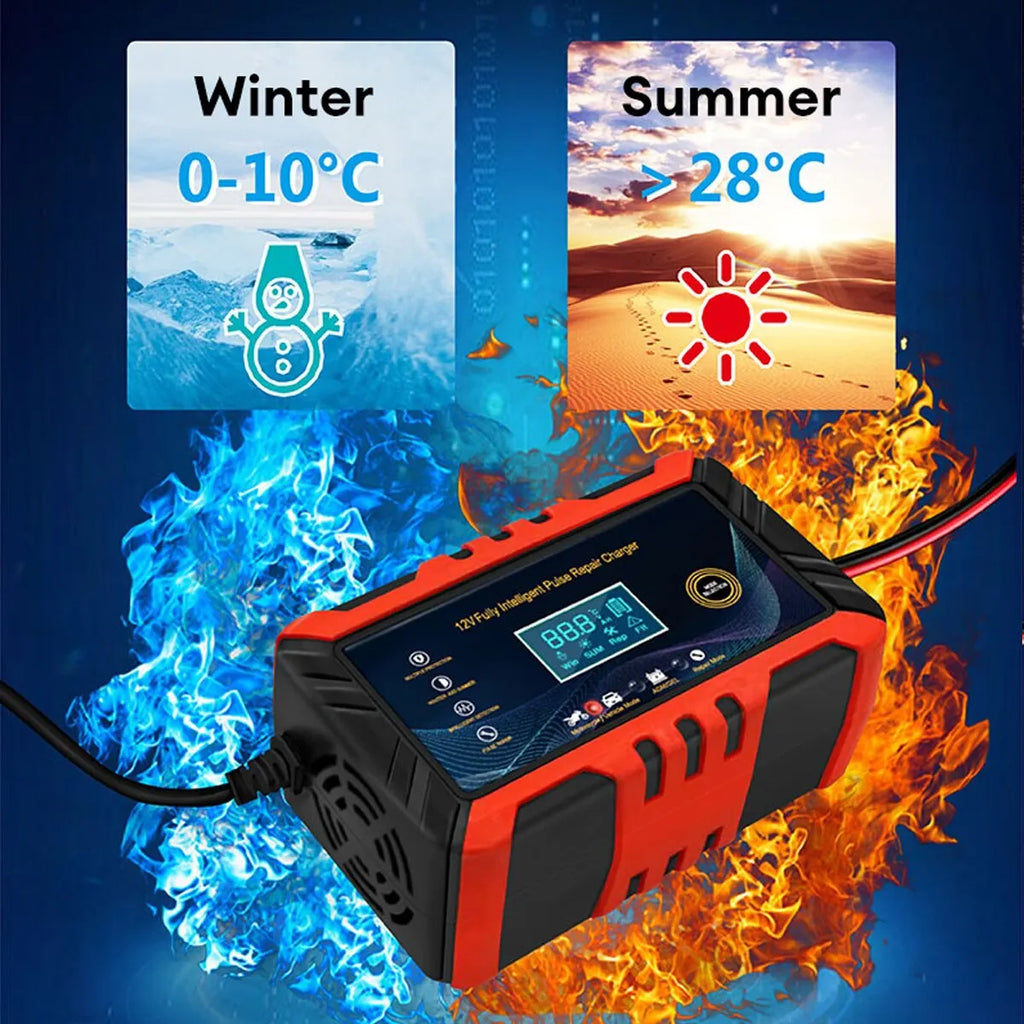 Smart Car Battery Charger | Pulse Repair, LCD Display & 12V Compatibility for Cars, Motorcycles, and RVs