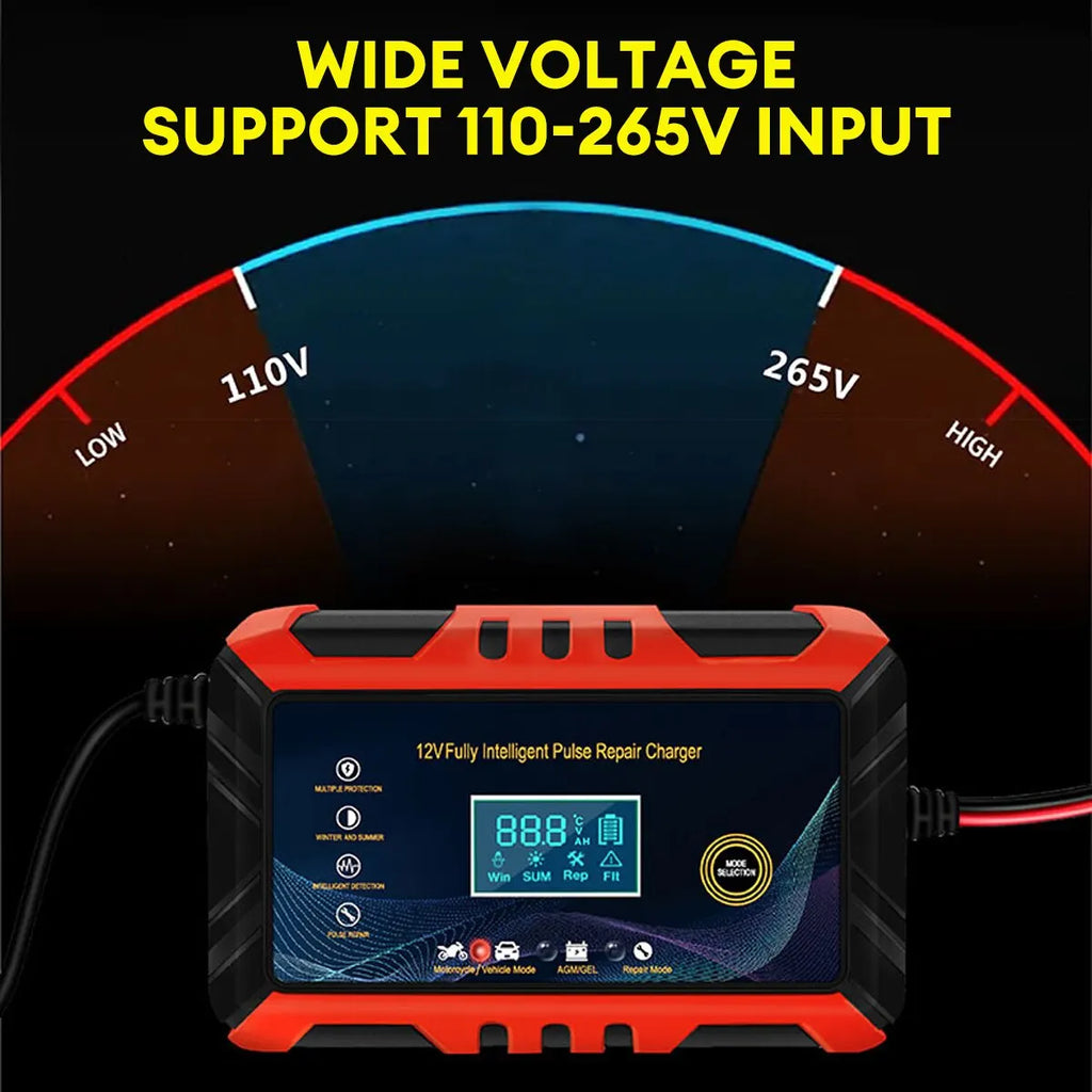 Smart Car Battery Charger | Pulse Repair, LCD Display & 12V Compatibility for Cars, Motorcycles, and RVs