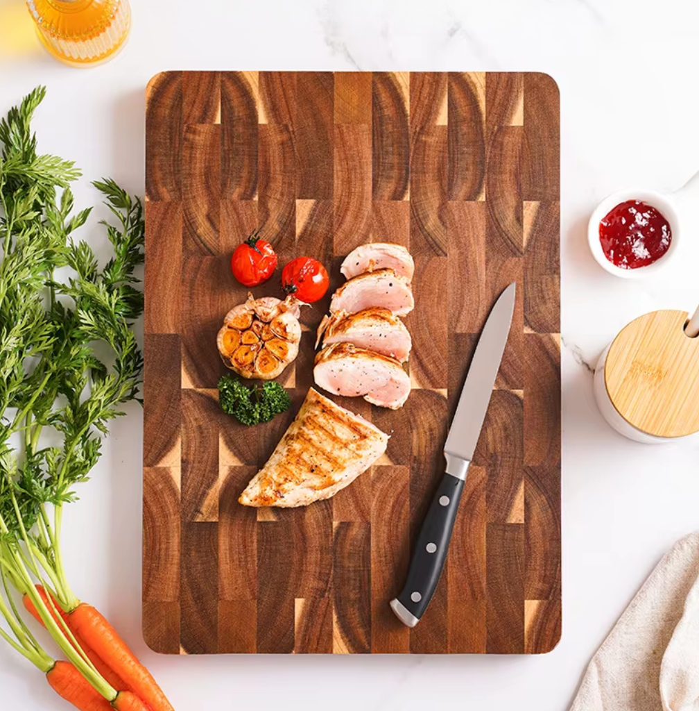Professional End Grain Acacia Chopping Block | Self-Healing Heavy-Duty Butcher Block with Knife-Friendly Surface and Side Handles