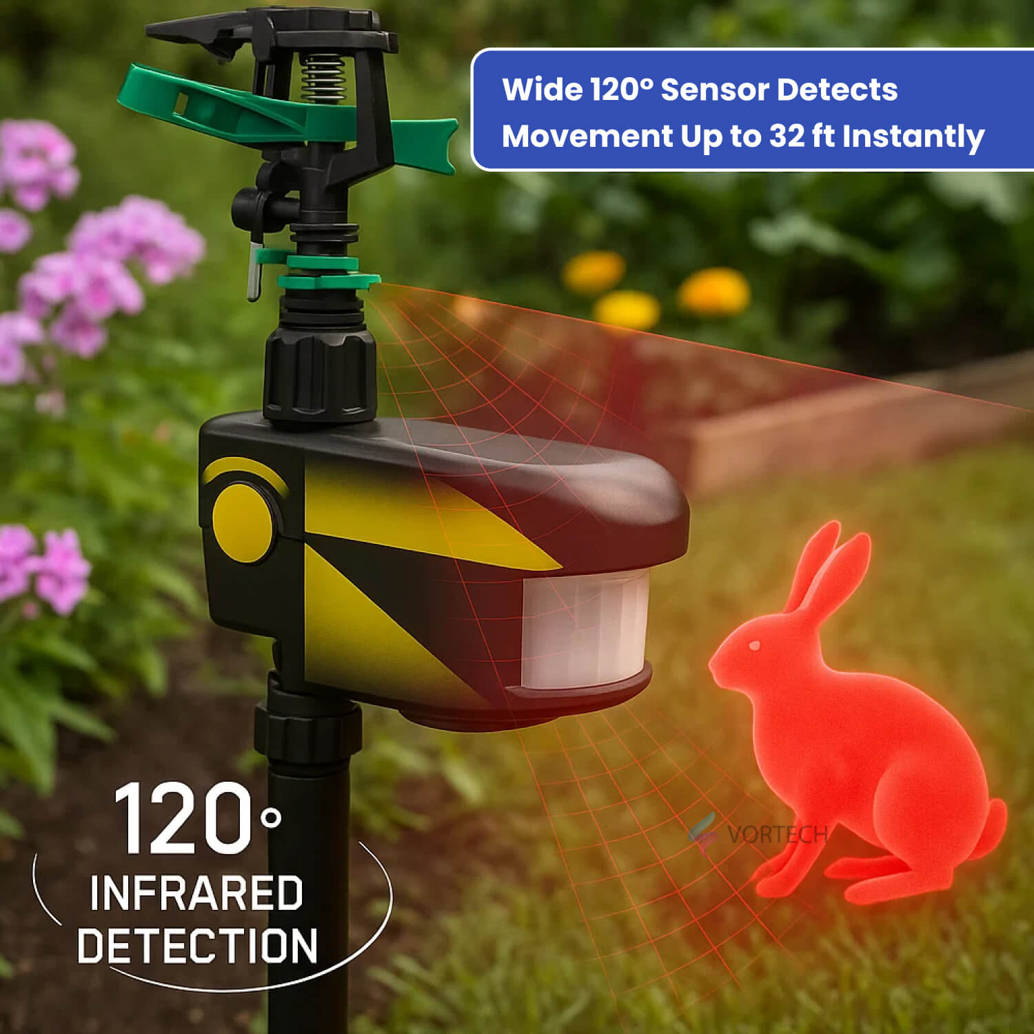 Motion-activated sprinkler with animal sensor for outdoor lawn. Ideal for repelling deer and other pests using water for deterrence.