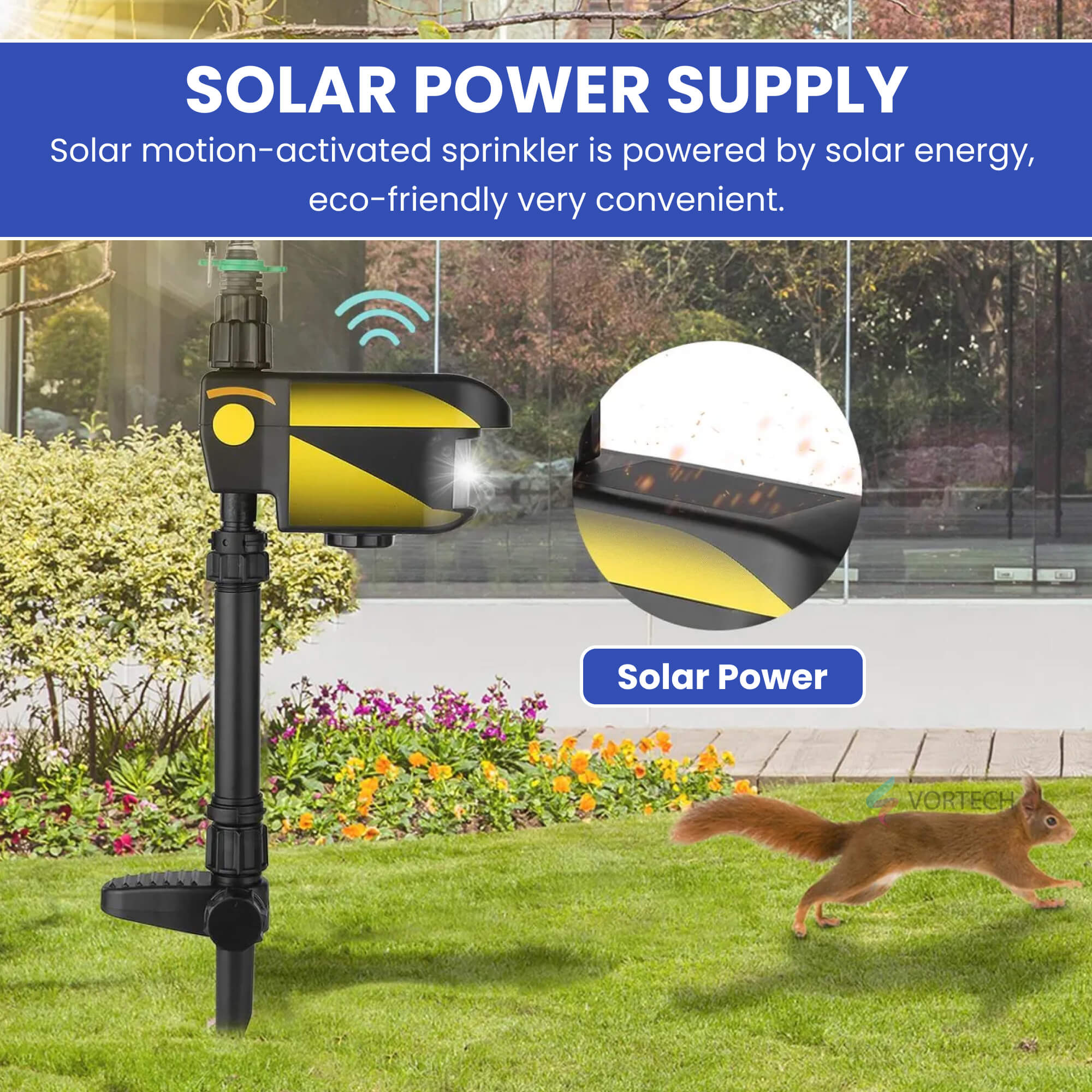 Motion-activated sprinkler with animal sensor for outdoor lawn. Ideal for repelling deer and other pests using water for deterrence.