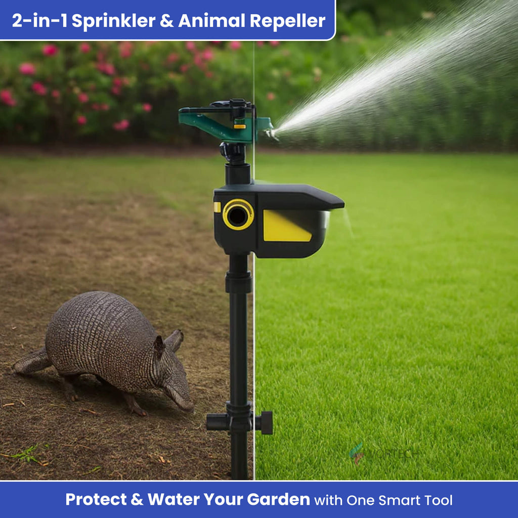 Motion-activated sprinkler with animal sensor for outdoor lawn. Ideal for repelling deer and other pests using water for deterrence.