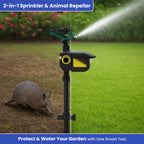 Motion-activated sprinkler with animal sensor for outdoor lawn. Ideal for repelling deer and other pests using water for deterrence.
