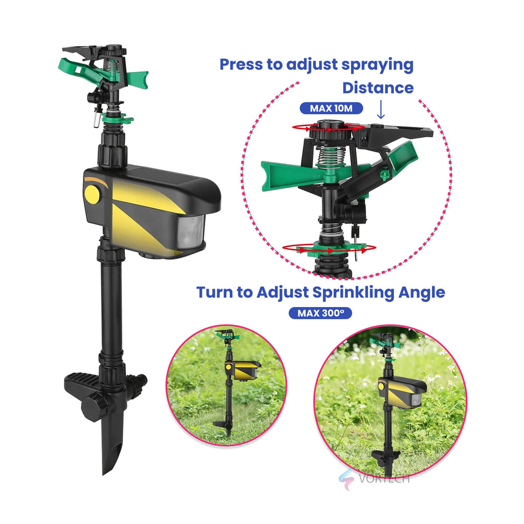 Motion-activated sprinkler with animal sensor for outdoor lawn. Ideal for repelling deer and other pests using water for deterrence.