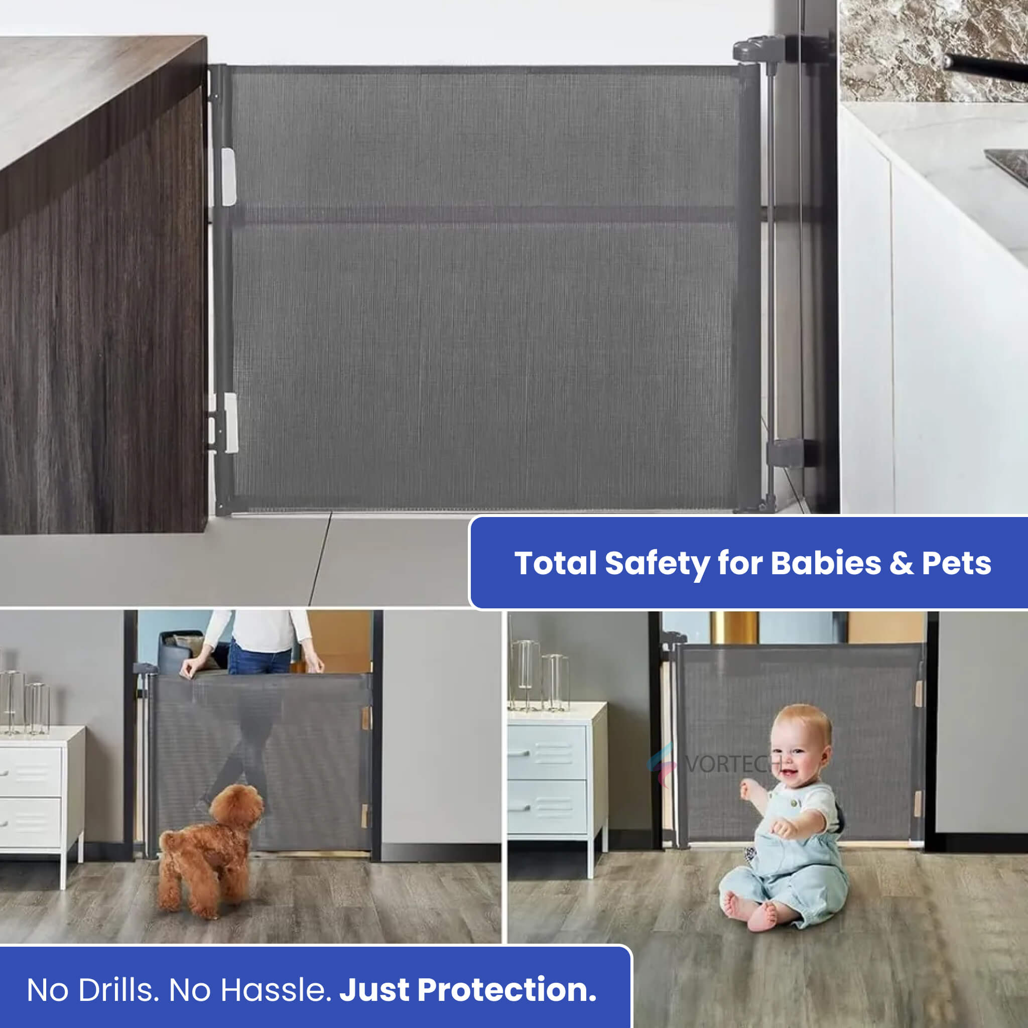 Retractable Dog & Baby Safety Gate | No-Drill Installation, Durable Mesh & Ideal for Doorways and Stairs