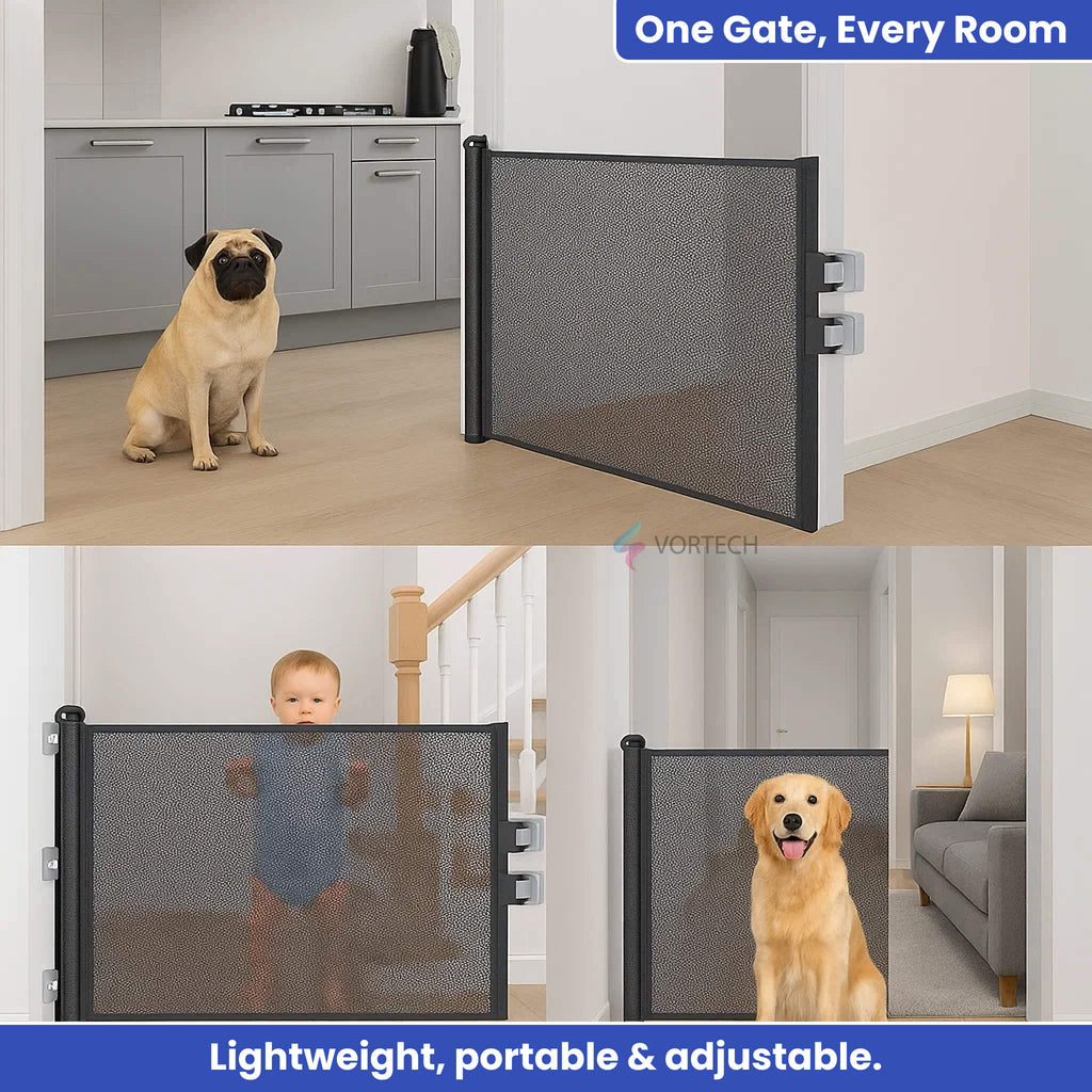 Retractable Dog & Baby Safety Gate | No-Drill Installation, Durable Mesh & Ideal for Doorways and Stairs