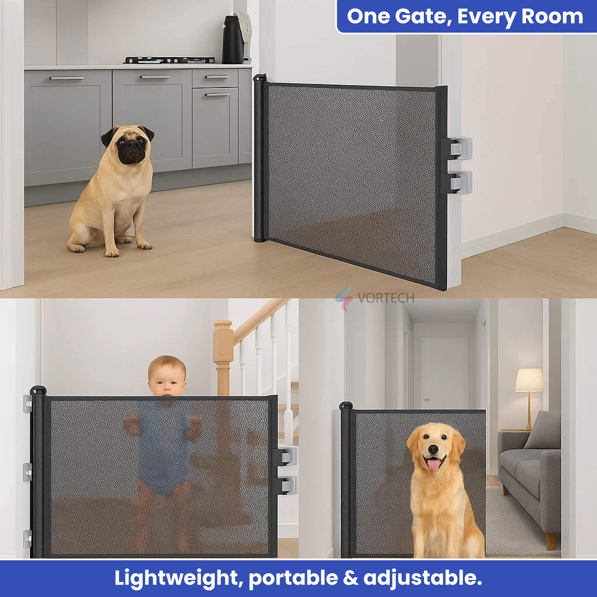 Retractable Dog & Baby Safety Gate | No-Drill Installation, Durable Mesh & Ideal for Doorways and Stairs