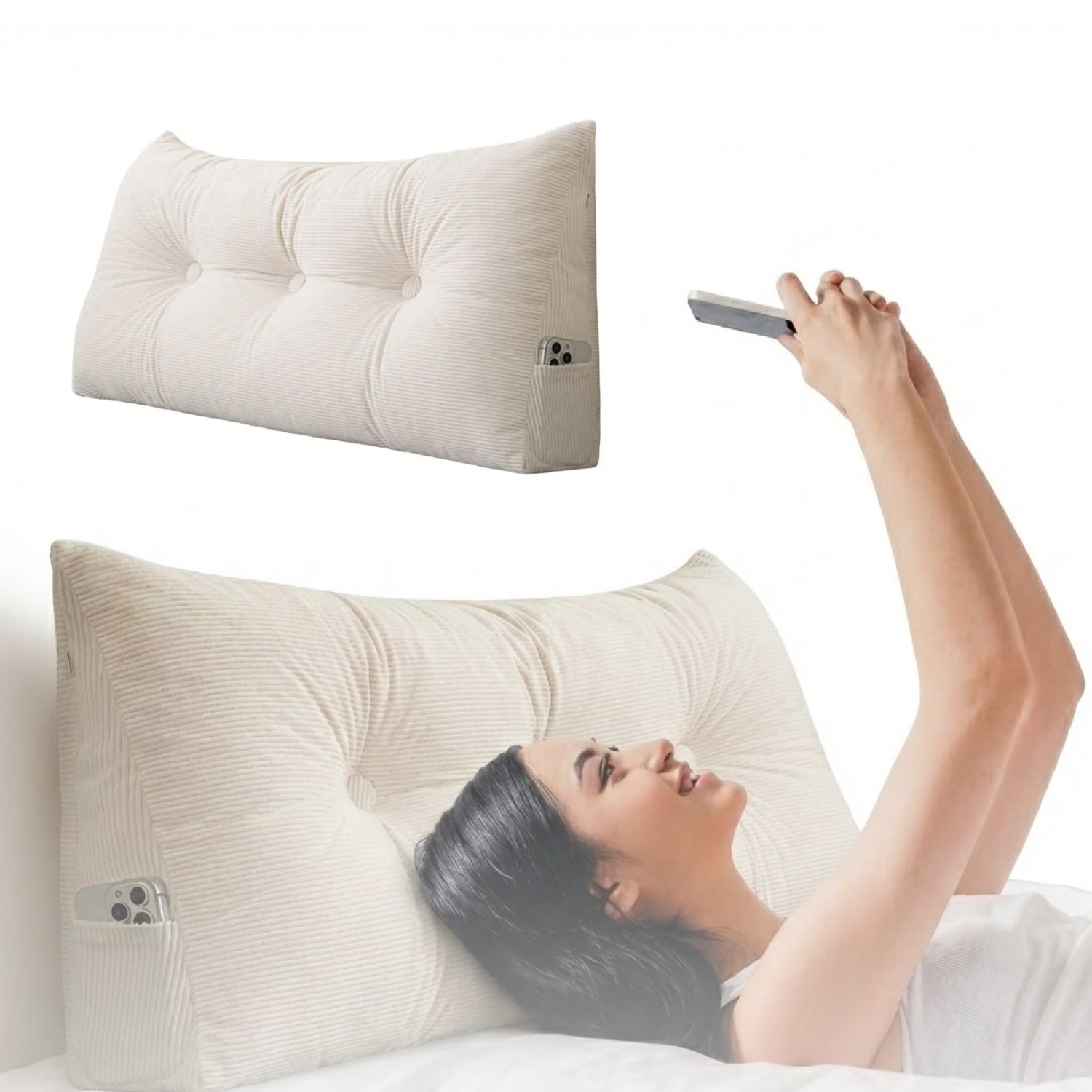 Bed Wedge Pillow – Long Upright Back Support | Corduroy Cover