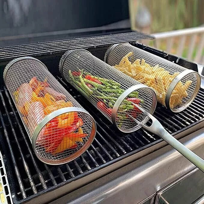 Stainless Steel BBQ Grill Basket | 360-Degree Rotating, Movable Door & Ideal for Grilling Vegetables, Meats, and Seafood