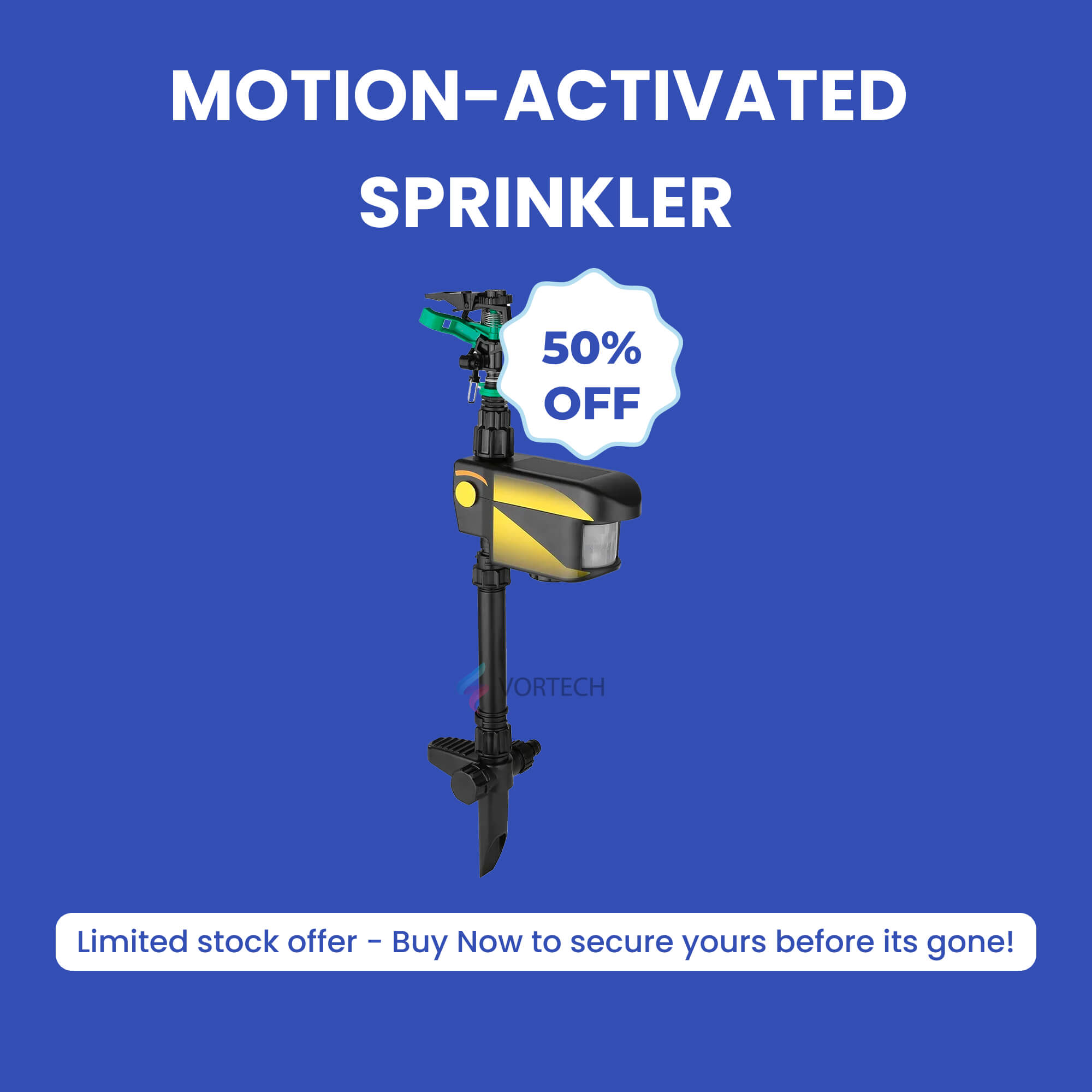 Motion-activated sprinkler with animal sensor for outdoor lawn. Ideal for repelling deer and other pests using water for deterrence.