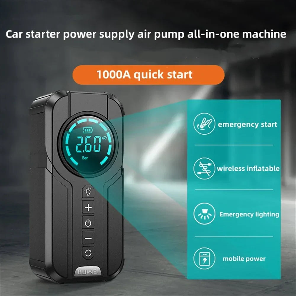 4-in-1 Car Jump Starter with Air Compressor, Power Bank & LED Flashlight – 1000A Peak Portable Battery Booster for Emergency Use