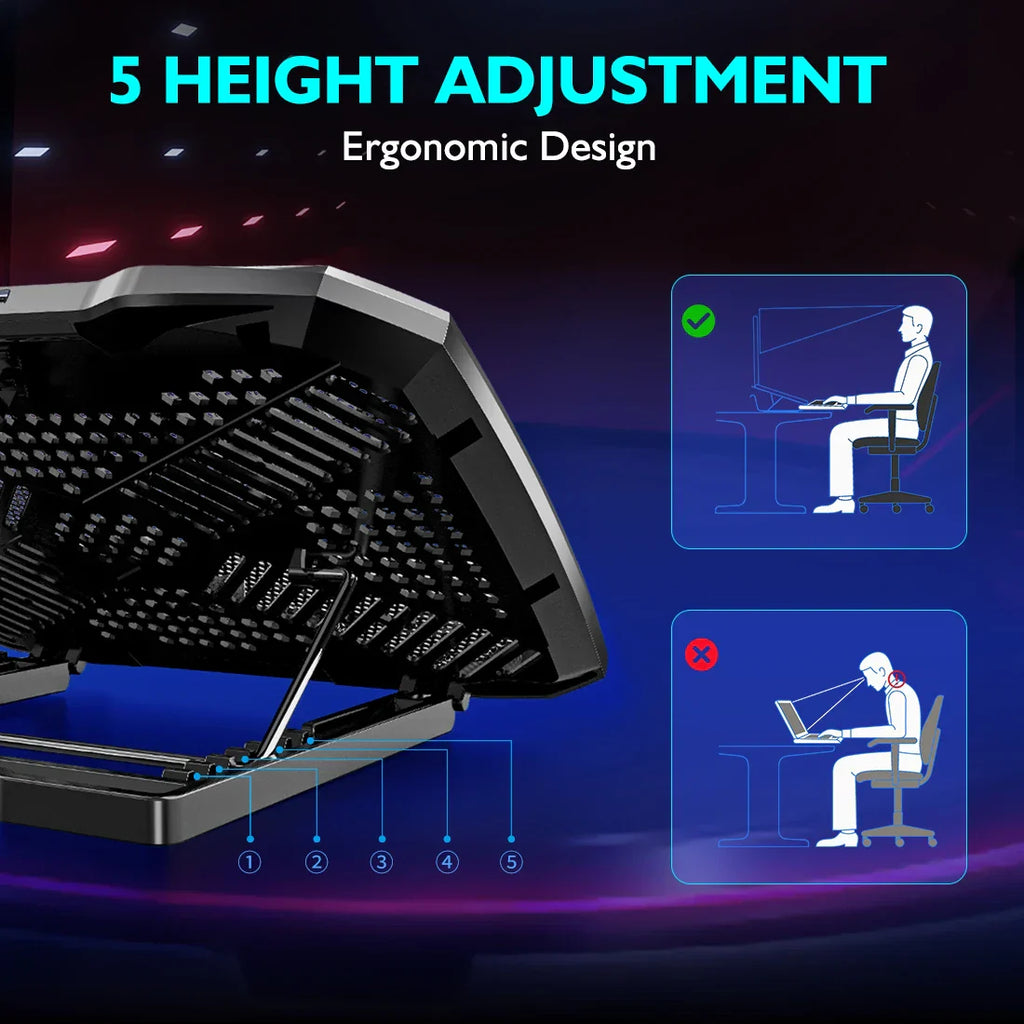 Laptop Cooling Pad with 5 Quiet Fans, Adjustable Height & Phone Holder - Compatible with 12-15.6 Inch Laptops