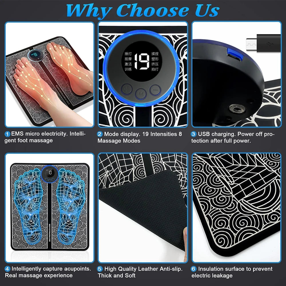 EMS Foot Massager Mat – 8 Modes & 19 Levels | Rechargeable