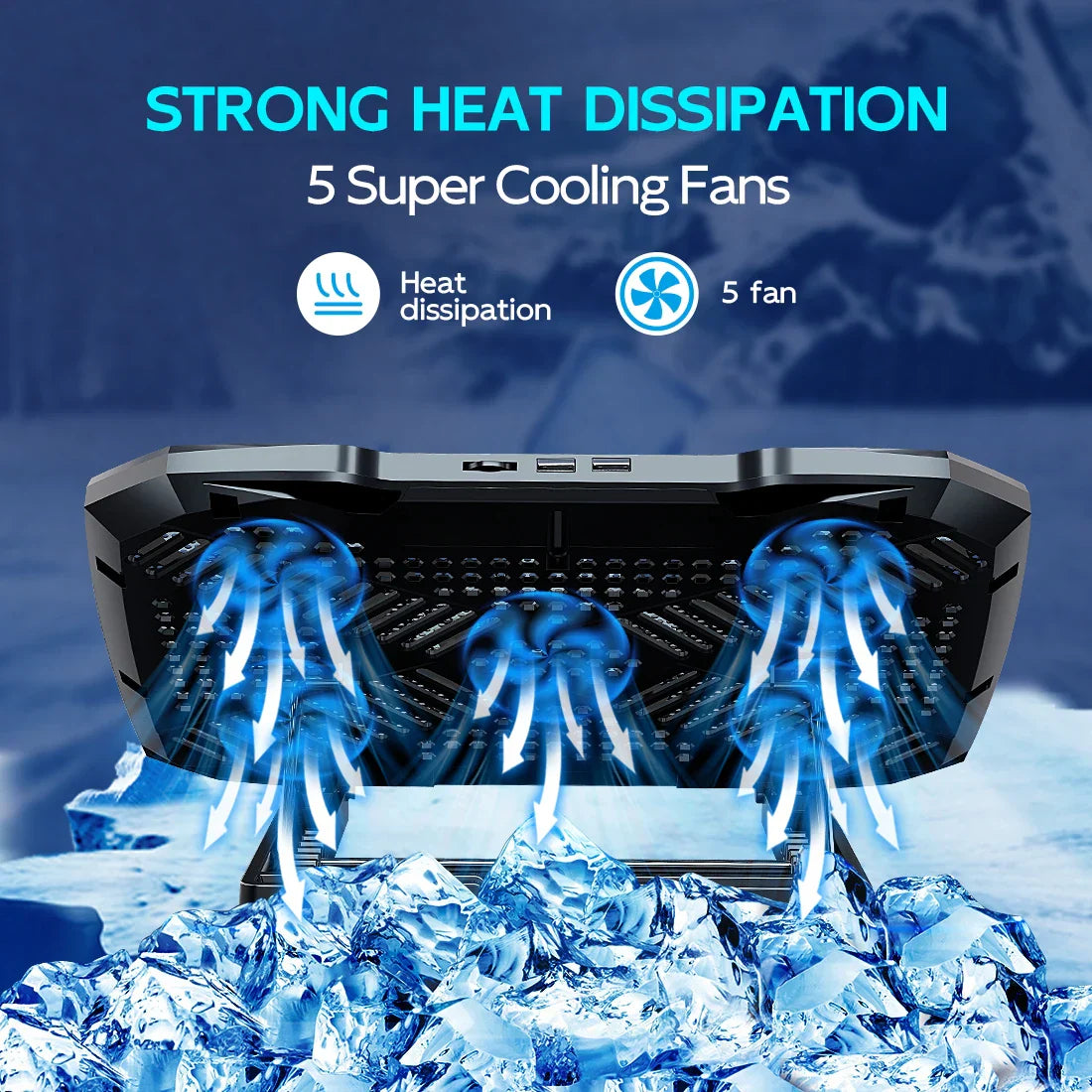 Laptop Cooling Pad with 5 Quiet Fans, Adjustable Height & Phone Holder - Compatible with 12-15.6 Inch Laptops