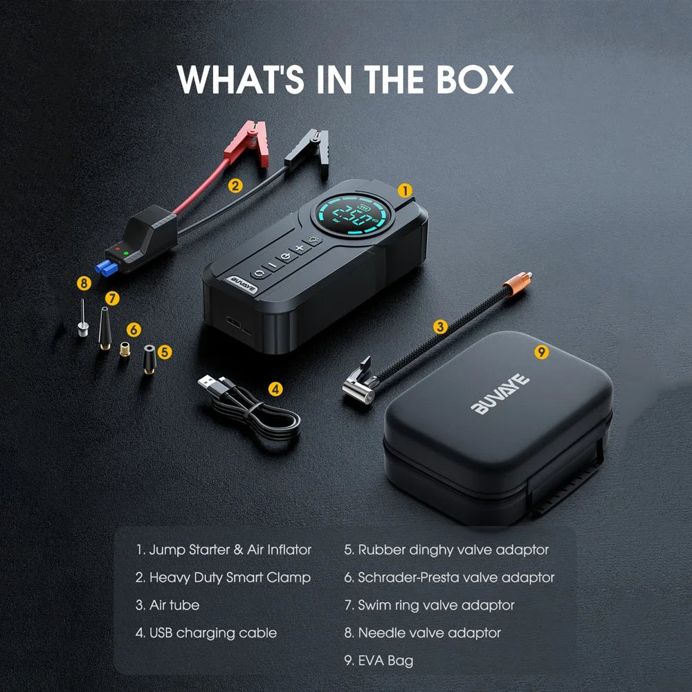 4-in-1 Car Jump Starter with Air Compressor, Power Bank & LED Flashlight – 1000A Peak Portable Battery Booster for Emergency Use