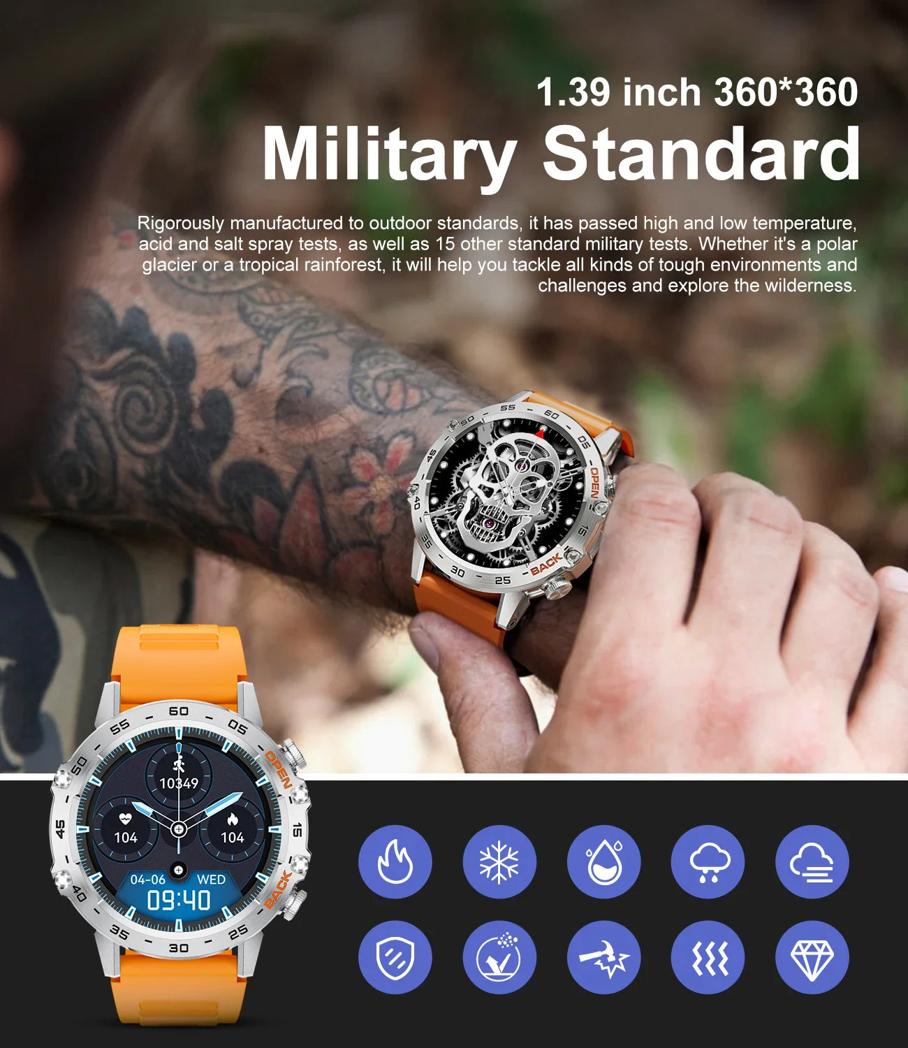 Bluetooth Military Smartwatch | IP68 Waterproof, Shock-Resistant & Ideal for Outdoor Sports and Fitness Tracking