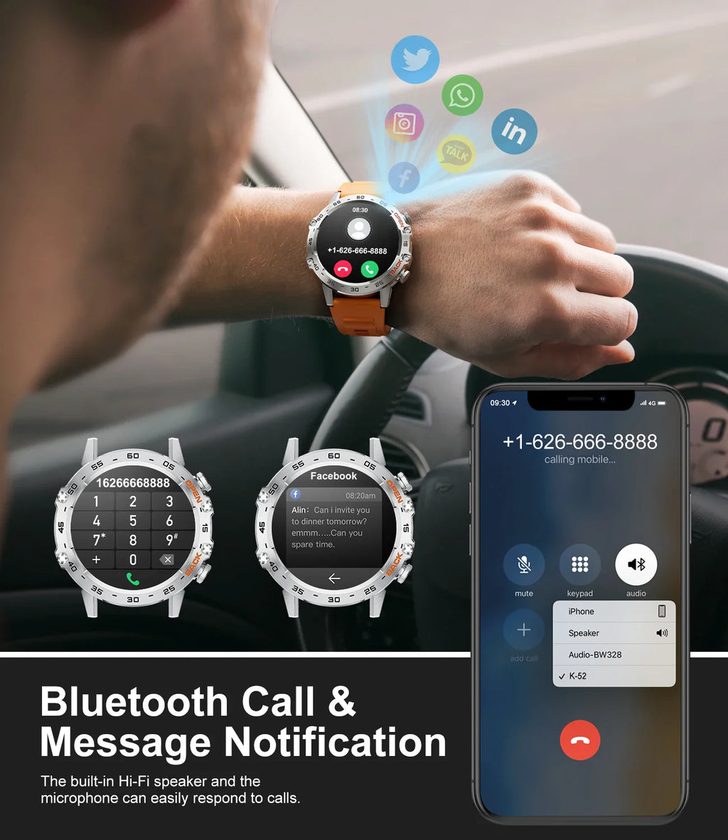 Bluetooth Military Smartwatch | IP68 Waterproof, Shock-Resistant & Ideal for Outdoor Sports and Fitness Tracking
