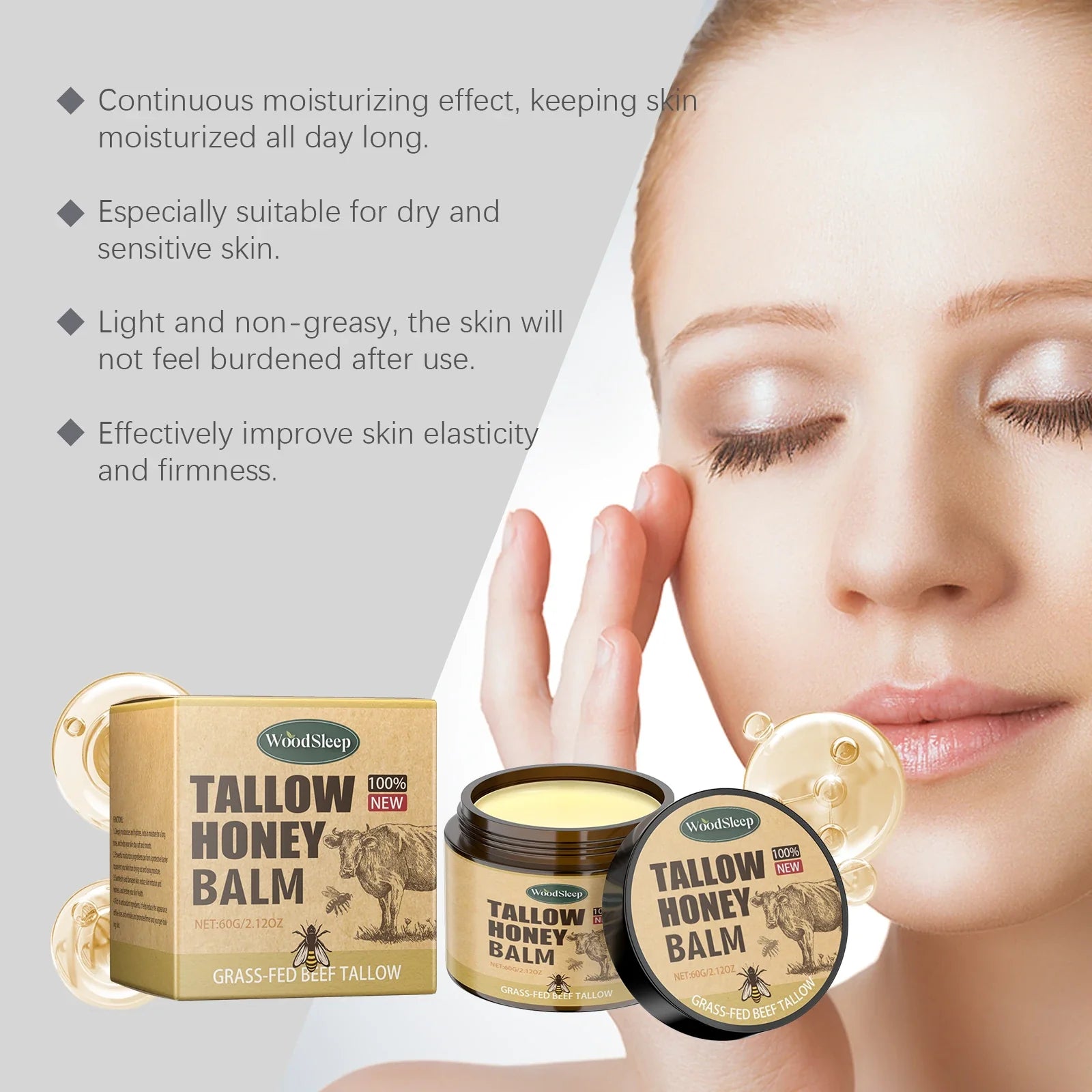 Whipped Beef Tallow and Honey Balm | Fast Absorption, Organic Moisturizer for Face and Body, Ideal for Sensitive Skin