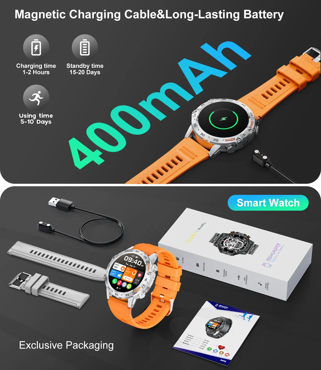 Bluetooth Military Smartwatch | IP68 Waterproof, Shock-Resistant & Ideal for Outdoor Sports and Fitness Tracking
