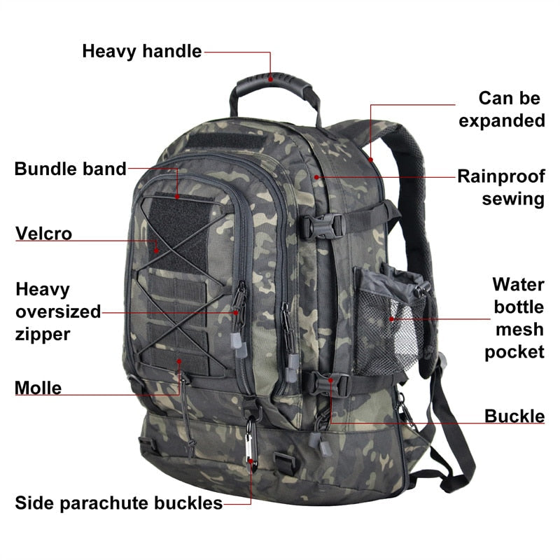 60L Military Tactical Backpack - Expandable Waterproof Rucksack for Camping, Hiking, Travel & Outdoor Adventures