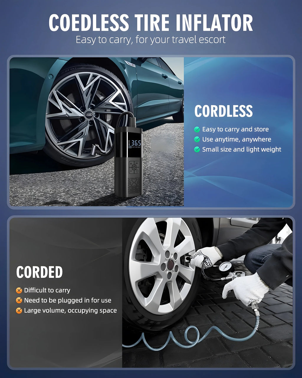 Portable Air Pump for Car Tires – Digital Gauge | LED Light