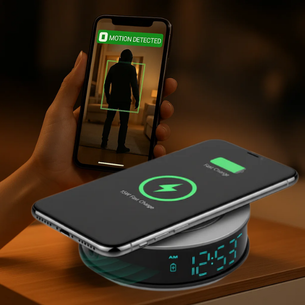 1080P Hidden Camera Alarm Clock | 15W Fast Wireless Charger with Motion Detection for Home Security Monitoring
