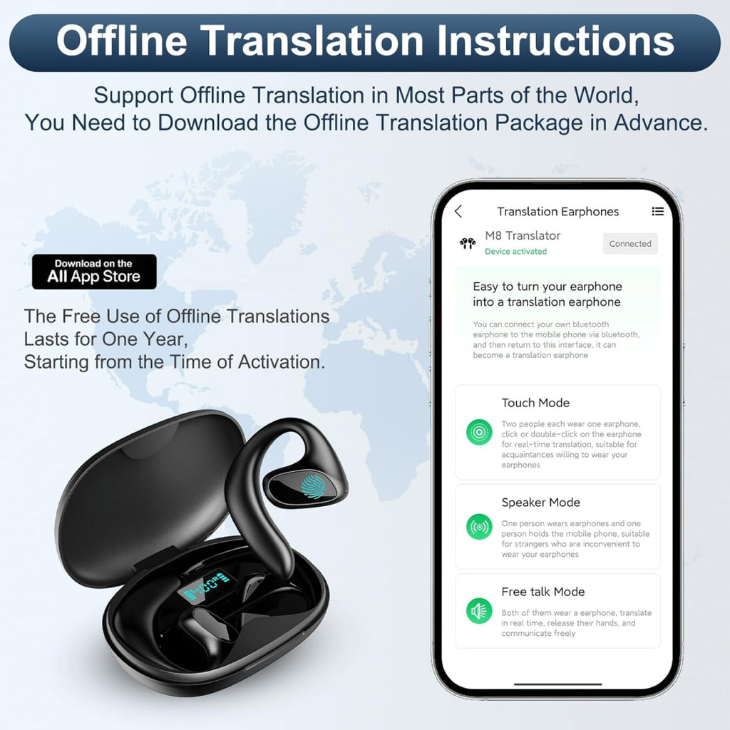 Translator earpiece for seamless communication in multiple languages. Ideal for travel and business with real-time language translation.