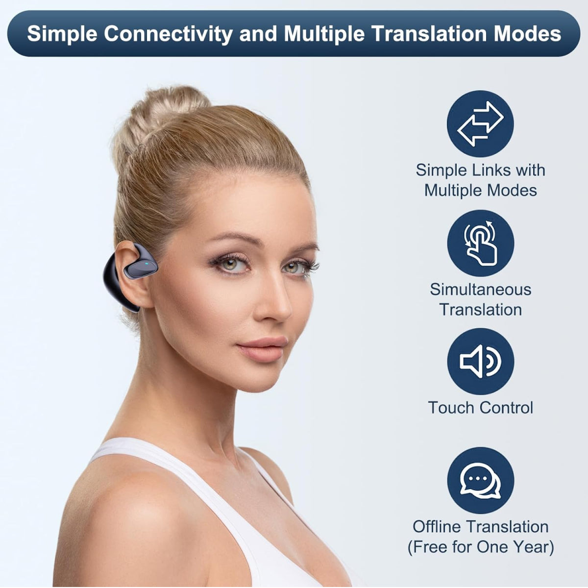 Translator earpiece for seamless communication in multiple languages. Ideal for travel and business with real-time language translation.