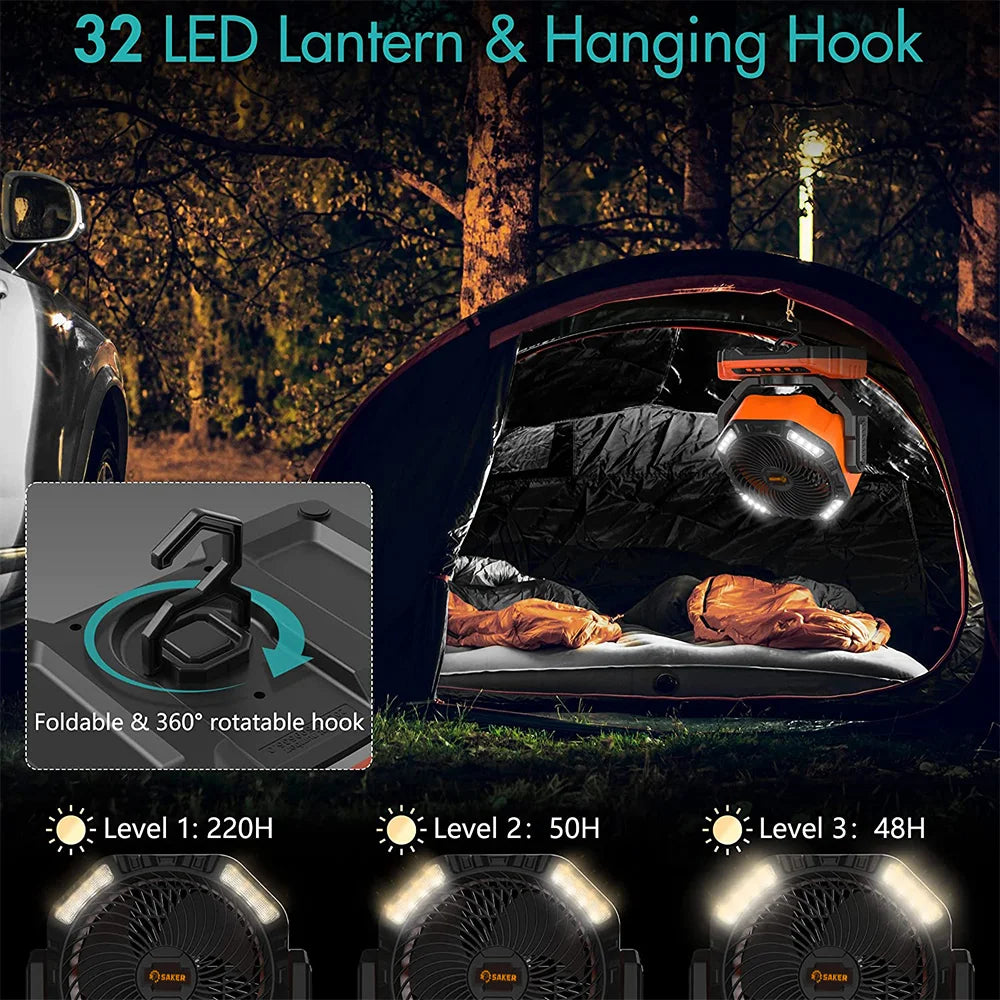 Rechargeable Camping Fan | 270° Rotation, LED Light & Portable Design for Outdoor Activities and Indoor Use