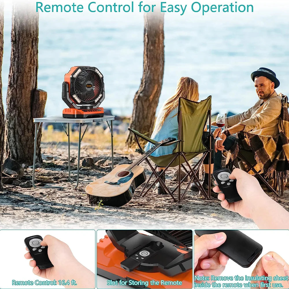 Rechargeable Camping Fan | 270° Rotation, LED Light & Portable Design for Outdoor Activities and Indoor Use