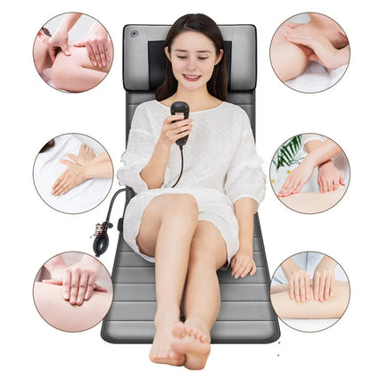 Adjustable full-body heated massage mat with Shiatsu pad for sitting, sleeping, and lying down. Provides soothing heat and relaxation.