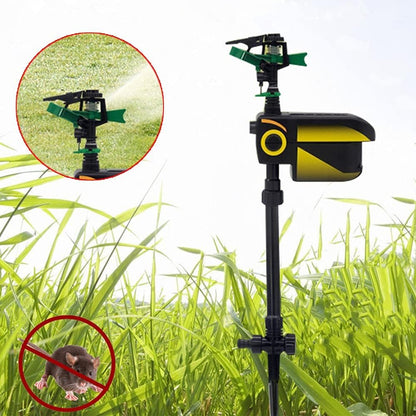 Motion-activated sprinkler with animal sensor for outdoor lawn. Ideal for repelling deer and other pests using water for deterrence.