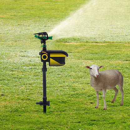 Motion-activated sprinkler with animal sensor for outdoor lawn. Ideal for repelling deer and other pests using water for deterrence.